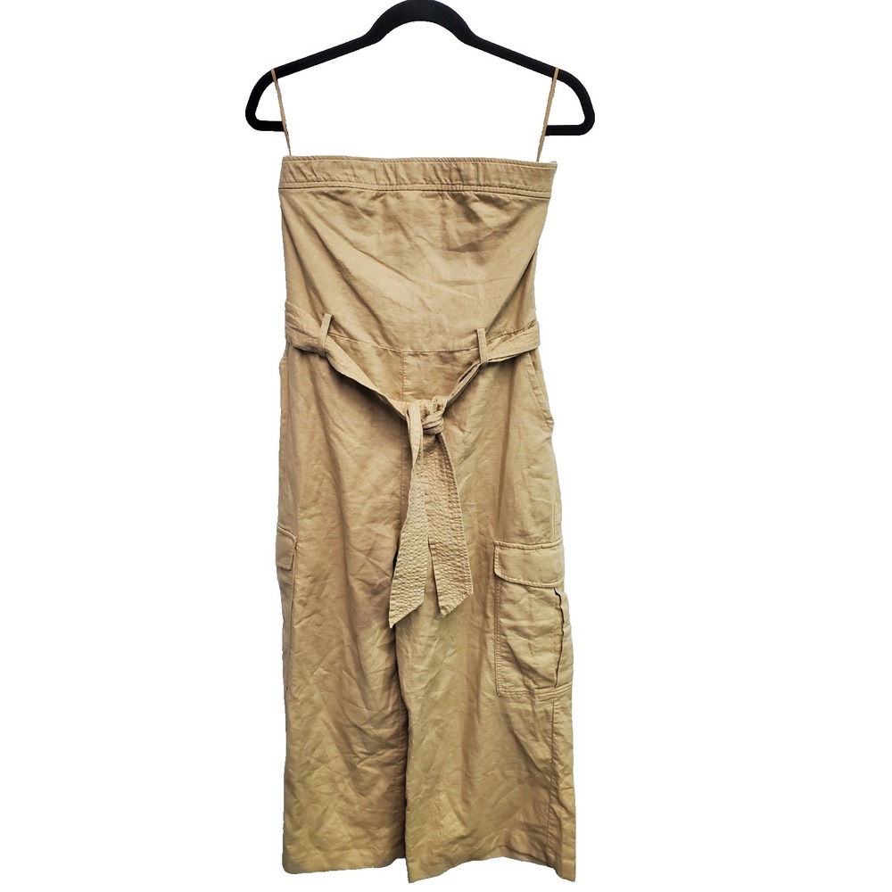 Gap Khaki Linen Cotton Blend Cargo Wide‎ leg Jumpsuit Pockets Size XS